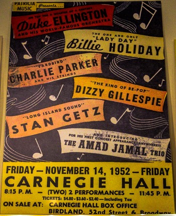 An archive poster from 1952, showing top names of the day, including Duke Ellington, Billie Holliday, Charlie Parker, DIzzy Gillespie, Stan Getz and The Amad Jamal Trio.