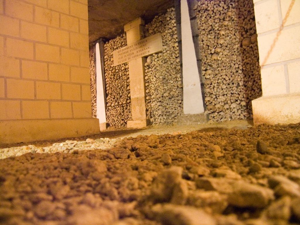 passageway in catacombs of Paris.