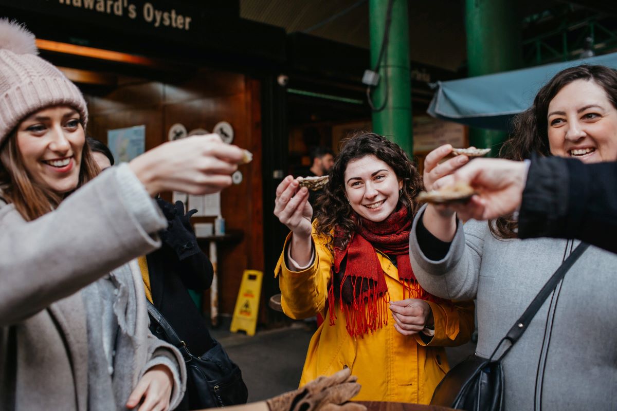 A group gathers to eat oysters at Richard Hawards in London