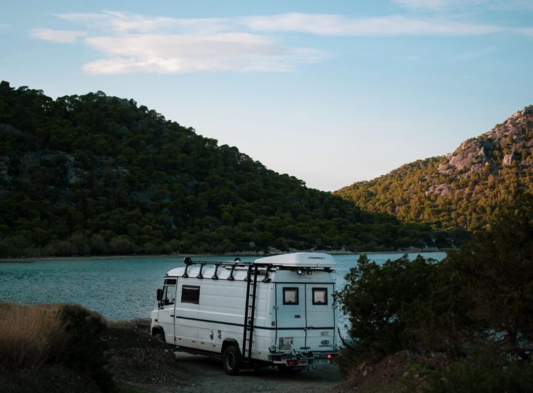A white camper van sits beside a calm lake, surrounded by lush green hills and trees under a bright, clear sky.