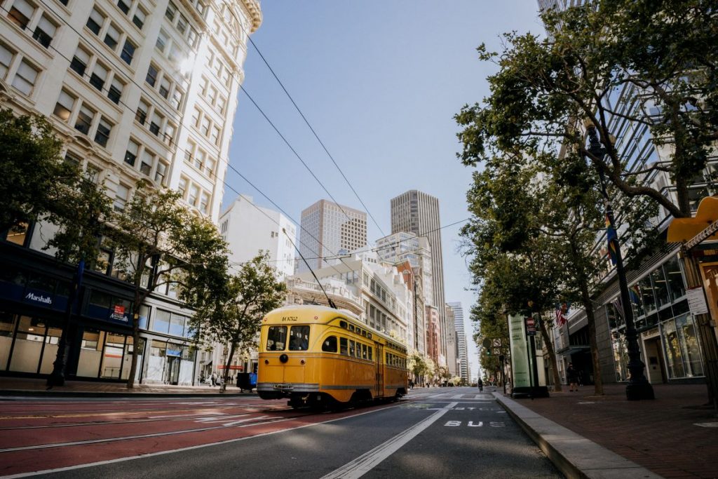 Street car riding through the streets of San Francisco