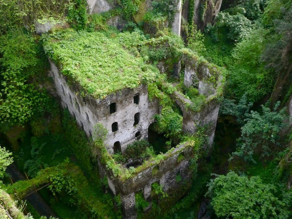 A wooded area with a castle like structure in the middle, which is overgrown with leave and plants, like the forest is swallowing it. This is Vallone dei Mulini near Sorrento