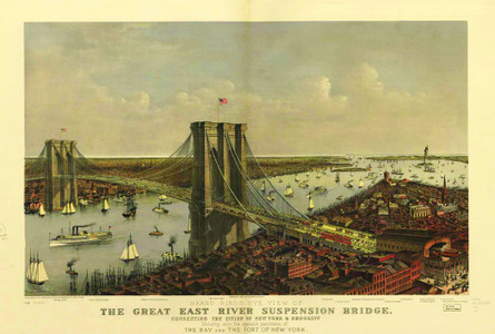 The Brooklyn Bridge stretches over the East River, boats below and city buildings along the shore under a cloudy sky.