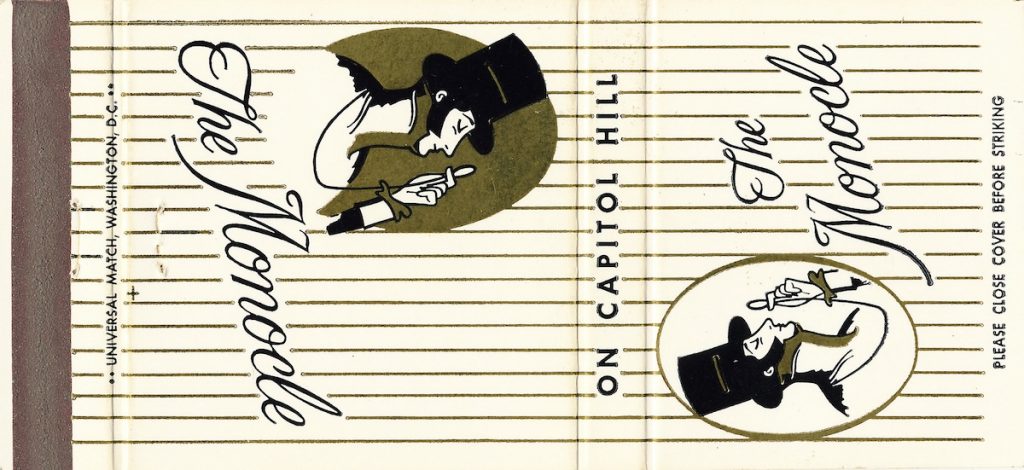 a matchbook from The Monocle, one of the top historic restaurants in DC