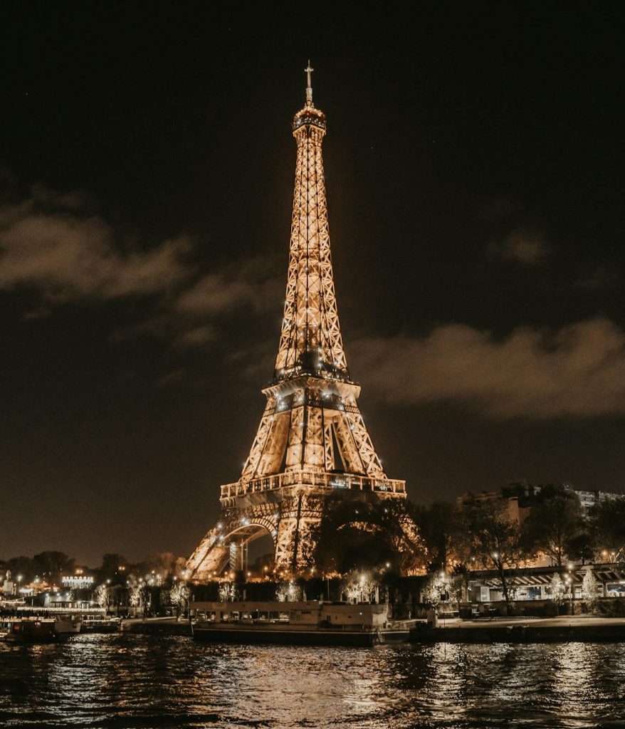 View of the Eiffel Tower at night.