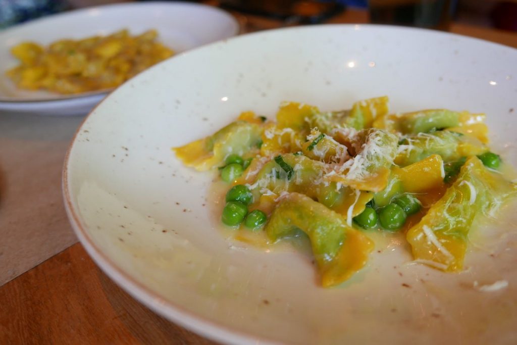 Close up of creamy casoncelli in sauce.