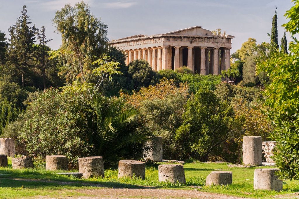 The temple of Hephaestus at the Ancient Agora in Athens, Greece. These are well intact Greek ruins in athens.