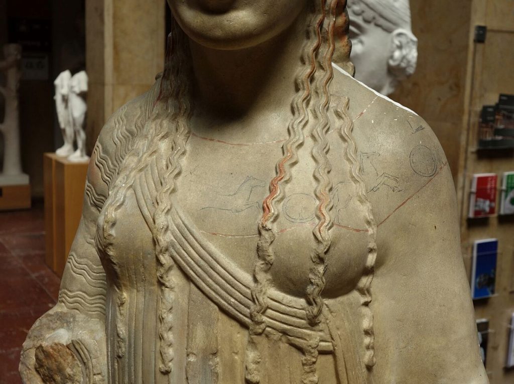 A colorized kore bust at the Acropolis Museum.