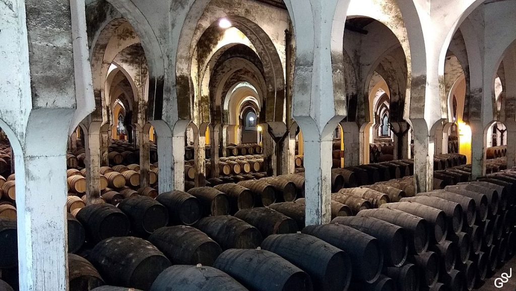 Wine barrels at Bodegas Fundador in Jerez, Spain.