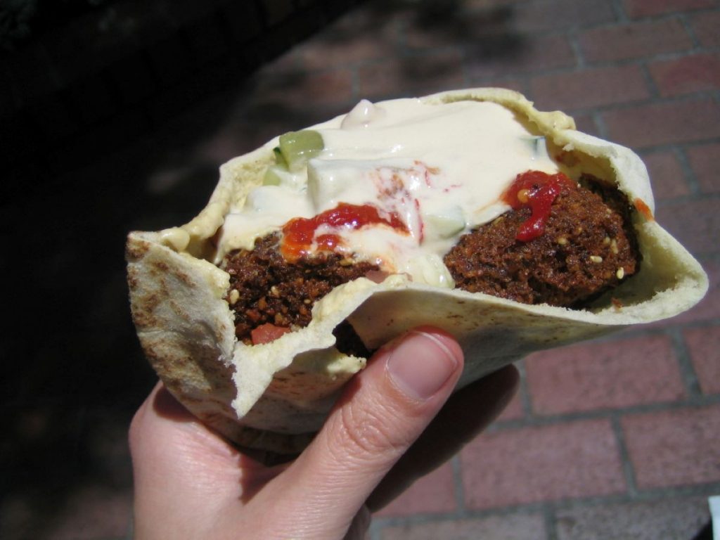 A person holding a falafel sandwich.