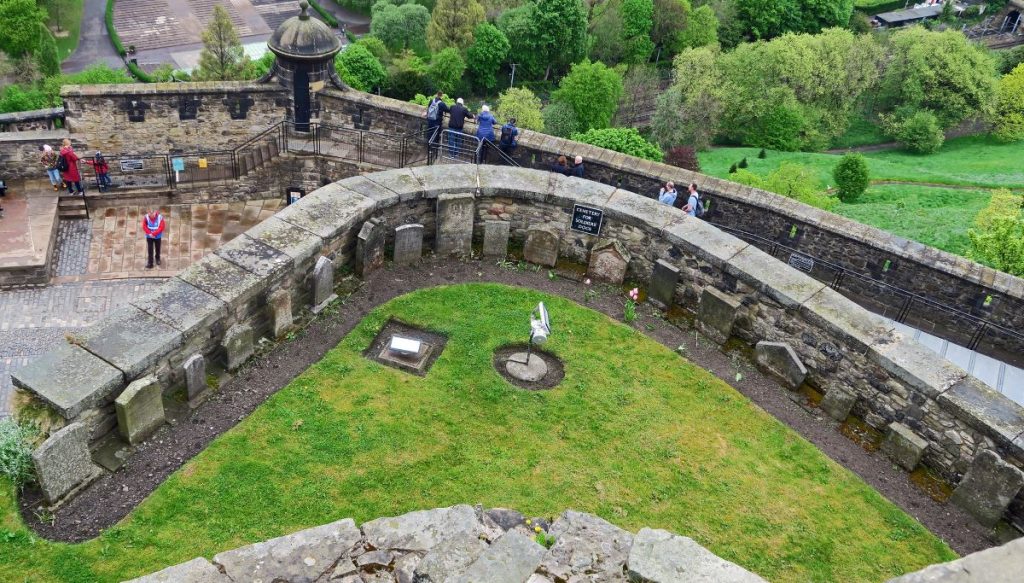 Several people stand beside the dog cemetery at Edinburgh Castle. 