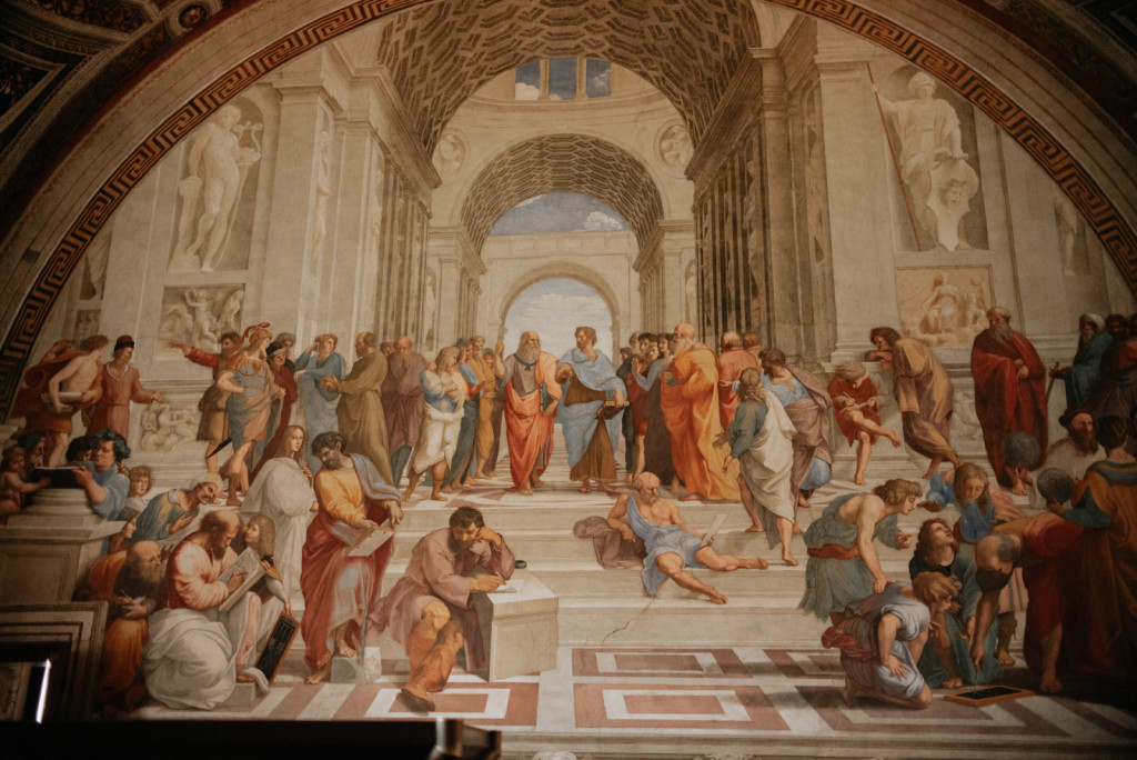 Raphael’s fresco, The School of Athens, shows ancient Greek philosophers gathered in a grand Vatican classical hall.